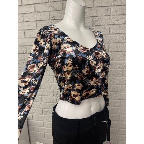 Forever 21 Floral Velour Long Sleeve Cropped Top Size M - Picture 6 of 8